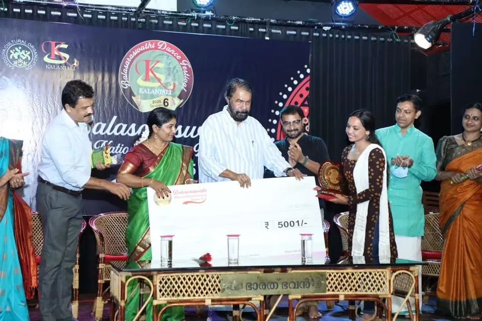 Felicitation of a young dancer at the Balasaraswathi Dance Festival